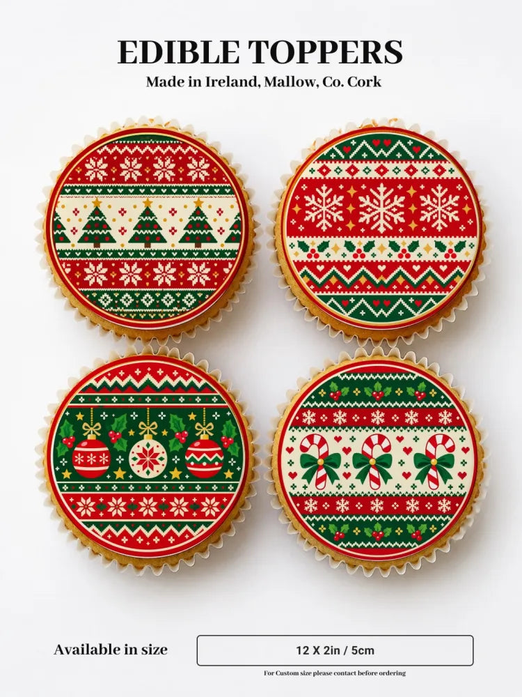 Nordic knit cupcake toppers with festive red green and white icing sheet patterns featuring snowflakes trees and candy canes