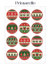 Christmas nordic knit cupcake toppers with red green cream icing sheet featuring snowflakes candy canes trees and gifts