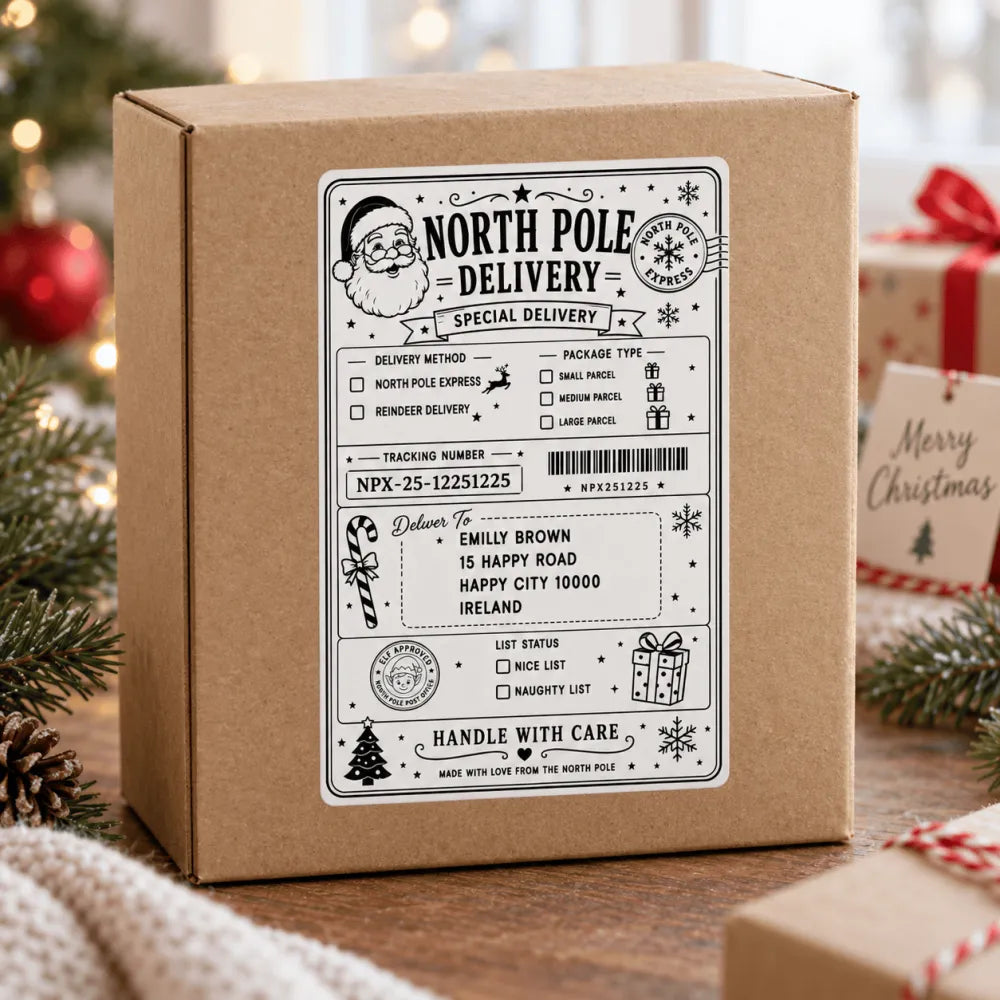 Brown cardboard box with white north pole express santa parcel labels featuring black ink illustrations and text