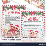 Christmas-themed north pole goodbye letter with two cartoon elves red and white outfits pinecones ornaments snowflakes festive ribbon border