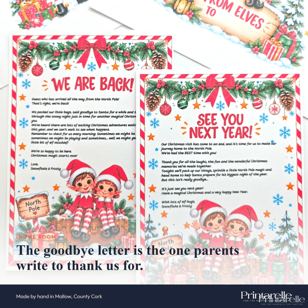 Christmas-themed north pole goodbye letter with two cartoon elves red and white outfits pinecones ornaments snowflakes festive ribbon border