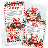 Christmas notecards with cartoon elves in red and white outfits for north pole arrival letter and goodbye letter use