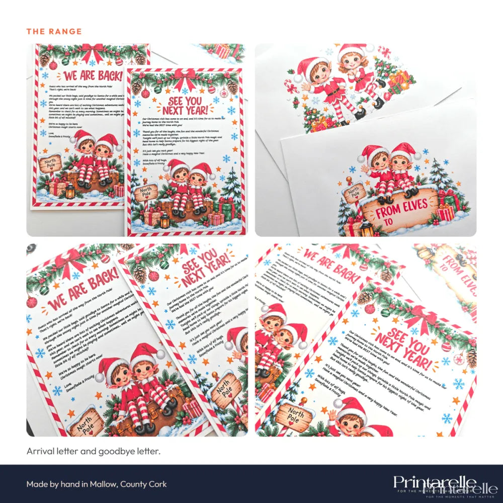 North pole post elf arrival and goodbye letters with cartoon elves snowflakes and candy canes on festive white paper