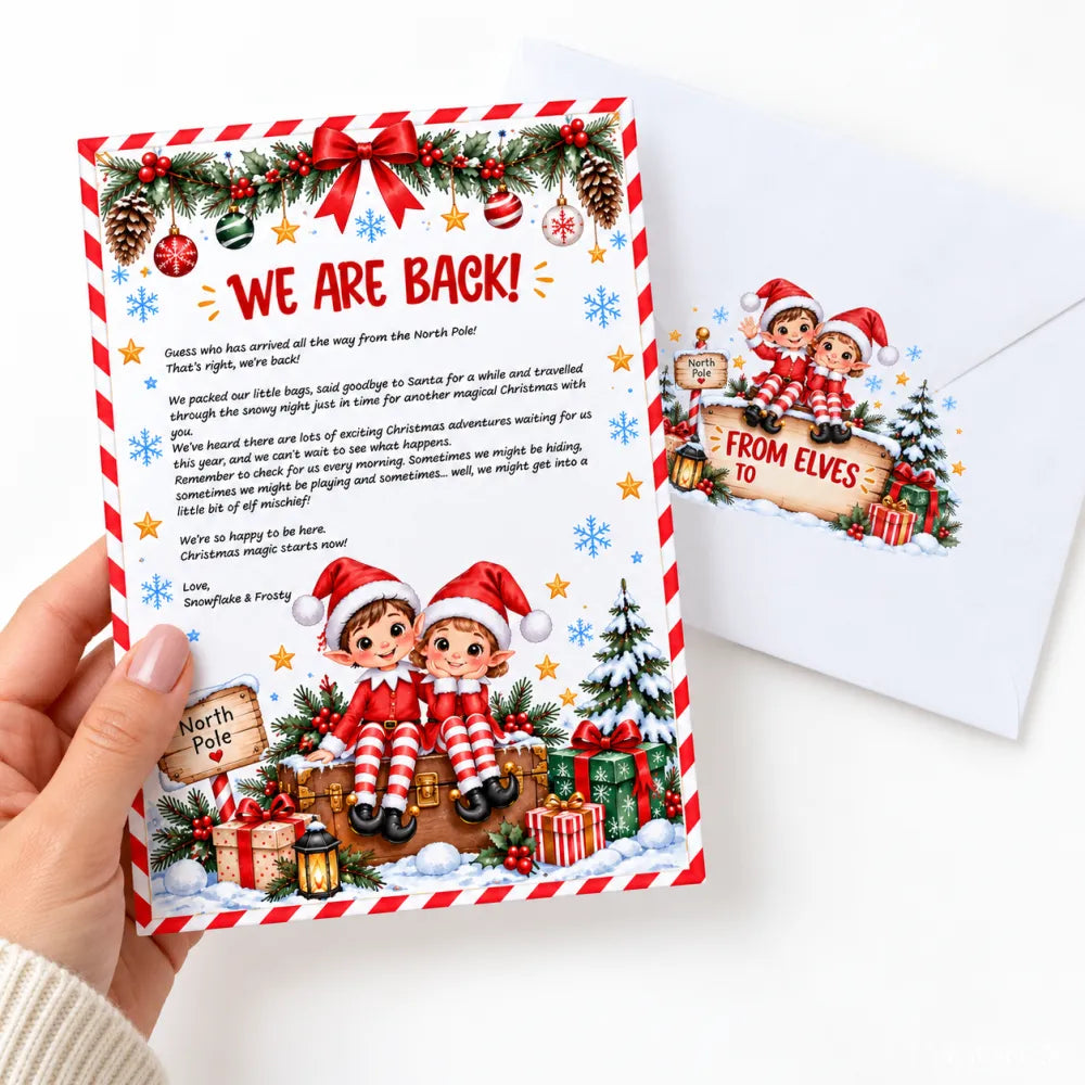 Christmas note card with festive striped border and cartoon elves for north pole arrival and goodbye letter use