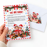 Christmas note card with festive striped border and cartoon elves for north pole arrival and goodbye letter use
