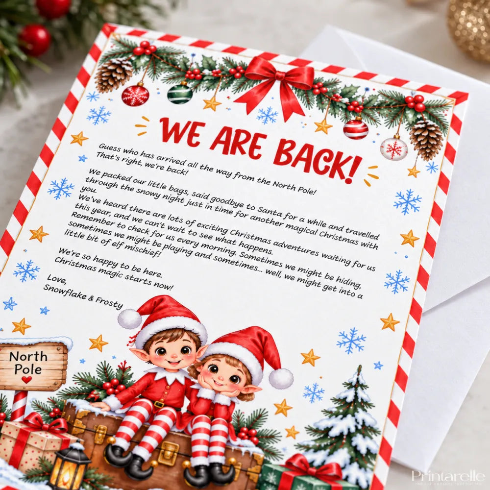 A festive north pole note card with two cartoon elves for arrival letter or goodbye letter use at christmas