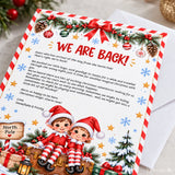 A festive north pole note card with two cartoon elves for arrival letter or goodbye letter use at christmas