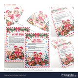 Christmas greeting cards titled north pole post featuring arrival and goodbye letters with cartoon elves and festive decor