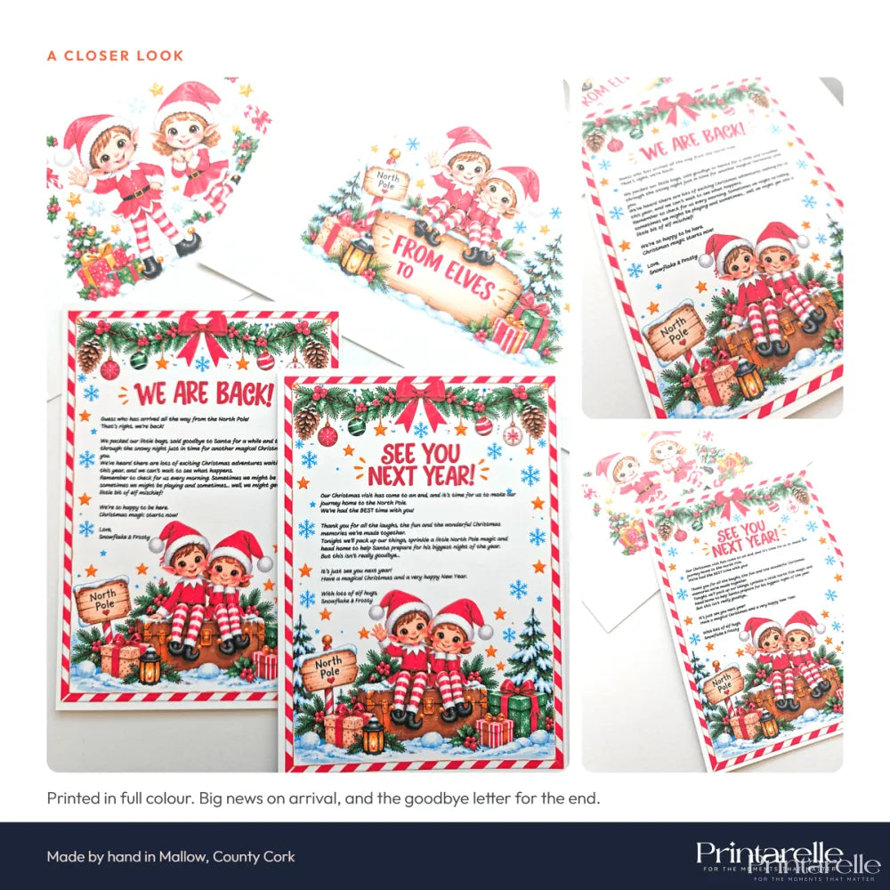 Christmas greeting cards titled north pole post featuring arrival and goodbye letters with cartoon elves and festive decor