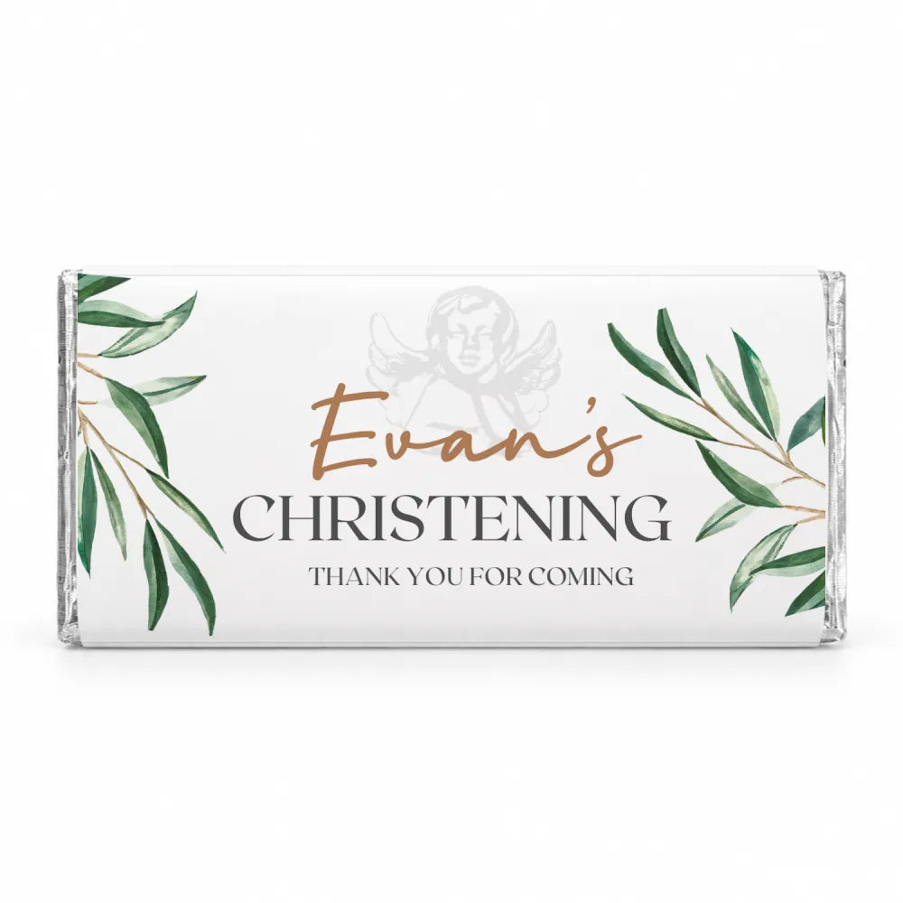 White chocolate bar wrapped in clear foil with watercolour olive branches personalised 40g for christening thanks