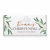 White chocolate bar wrapped in clear foil with watercolour olive branches personalised 40g for christening thanks