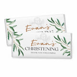 White chocolate bar wrapper with green watercolour olive branch and gold lettering evans christening personalised 40g