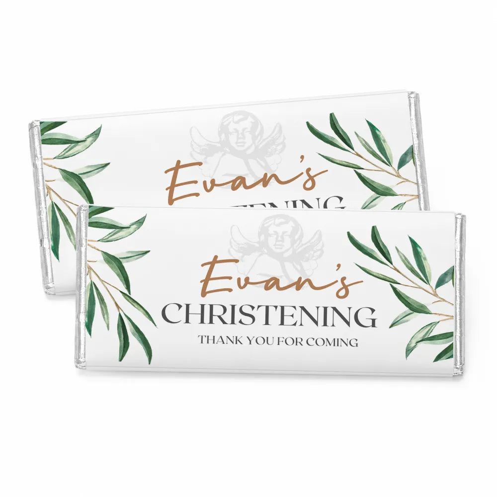 White chocolate bar wrapper with green watercolour olive branch and gold lettering evans christening personalised 40g