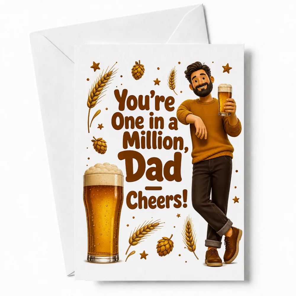 Handmade Greeting Card | Printarelle | Raise a glass to a one-of-a-kind dad. This characterful design shows a cheerful,