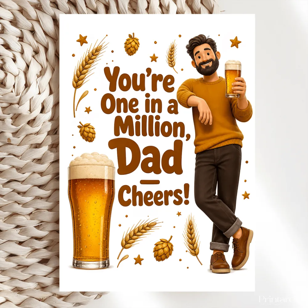 Handmade Greeting Card | Printarelle | Raise a glass to a one-of-a-kind dad. This characterful design shows a cheerful,