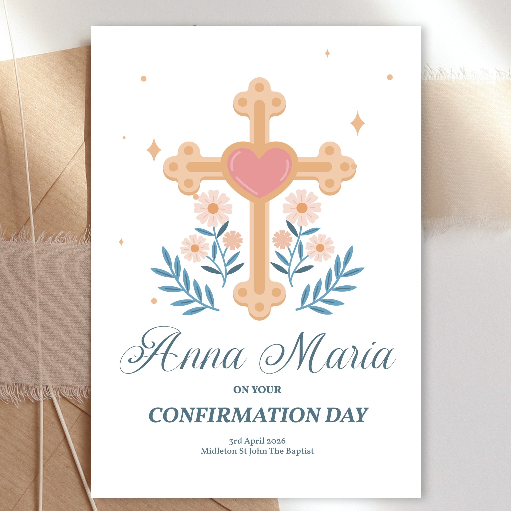 Ornate Cross & Heart Personalised Confirmation Card for Girls - Greeting Card - Printarelle