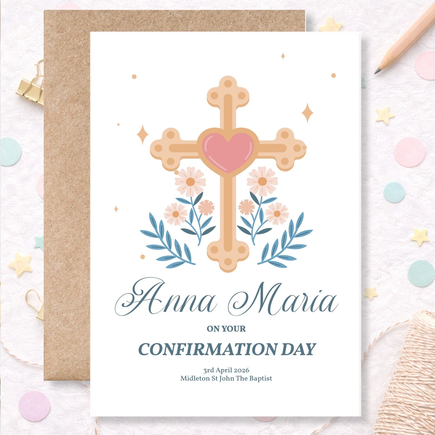 Ornate Cross & Heart Personalised Confirmation Card for Girls - Greeting Card - Printarelle