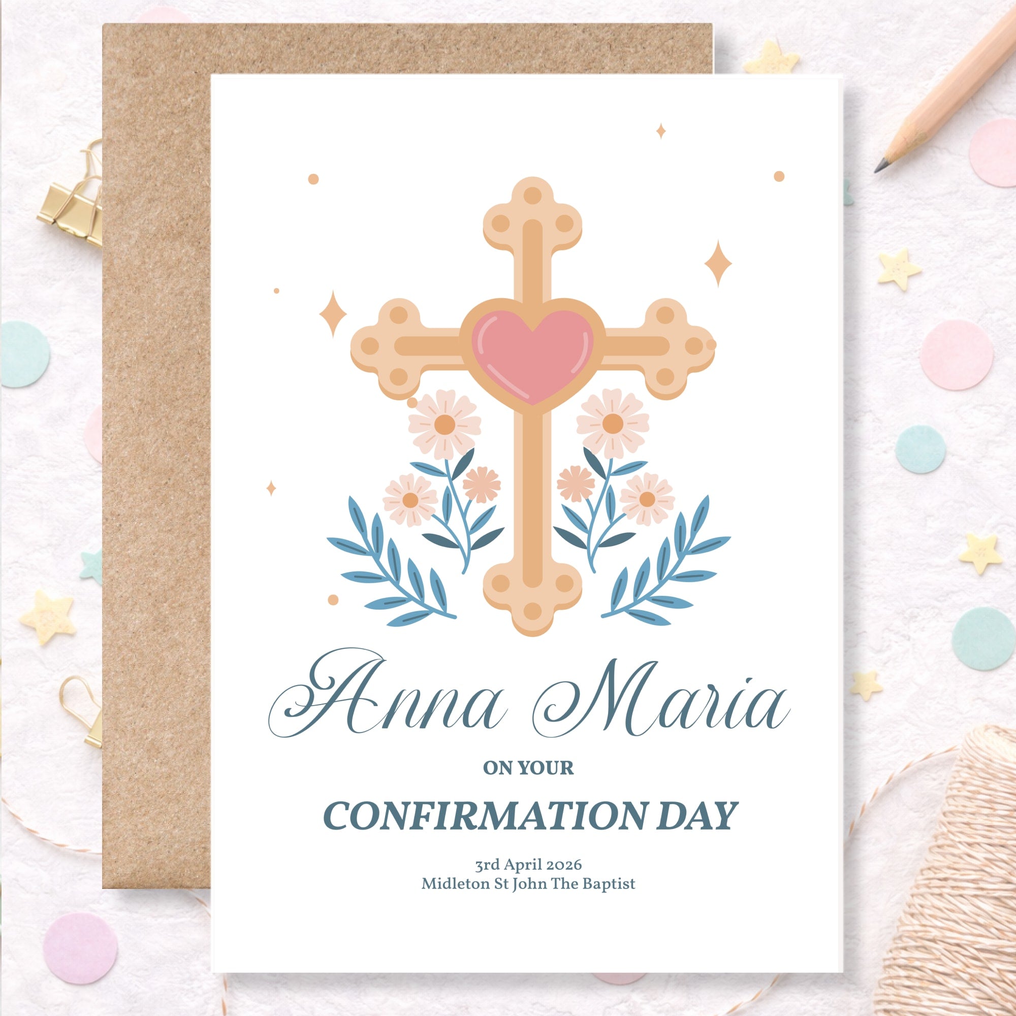 Ornate Cross & Heart Personalised Confirmation Card for Girls - Greeting Card - Printarelle