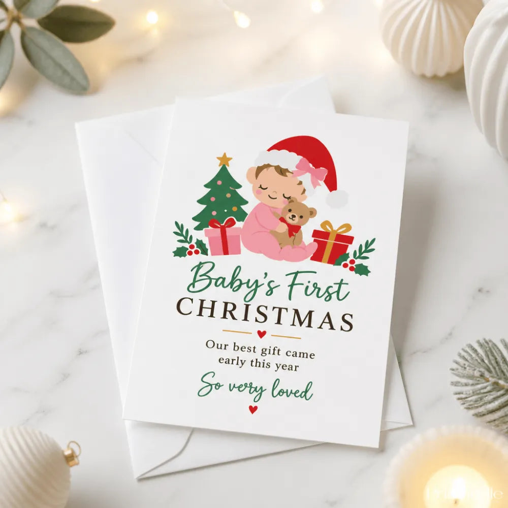 A white 300gsm christmas card showing a cartoon baby in pink pajamas with santa hat holding a teddy bear by gifts