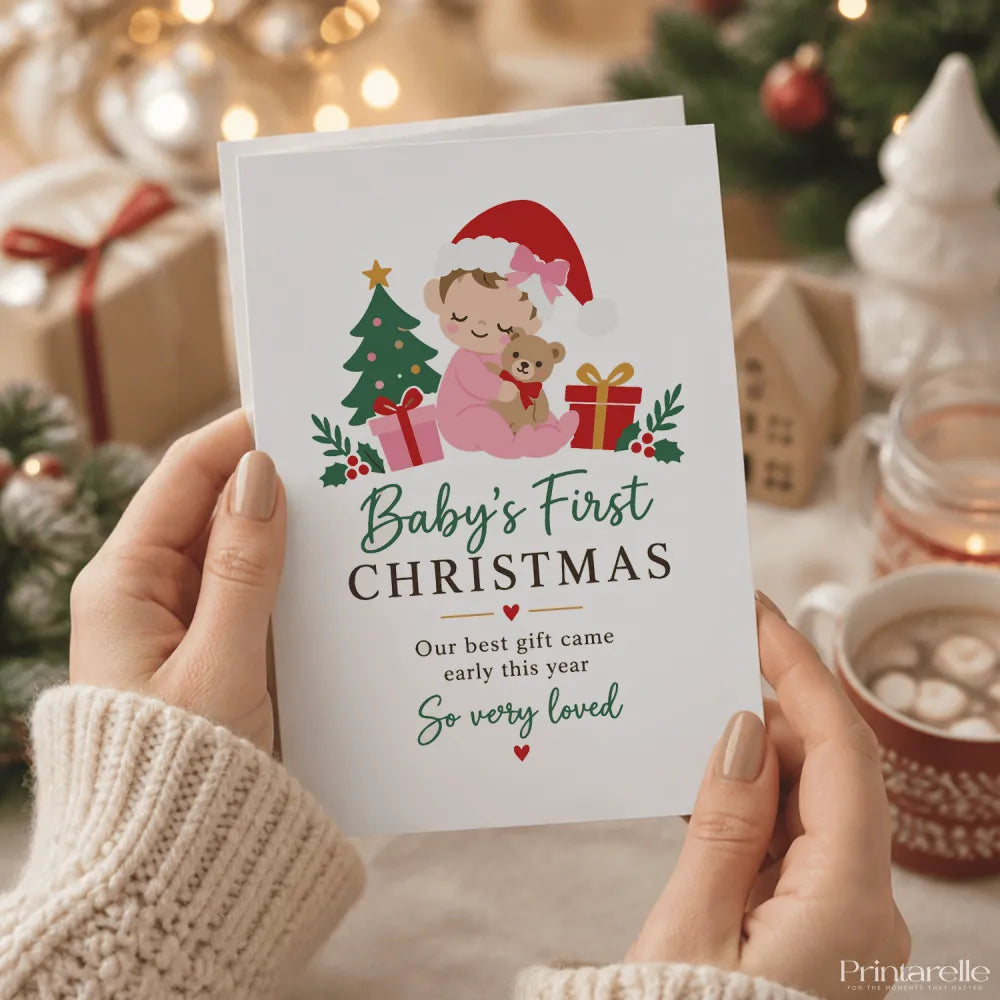 A white 300gsm christmas card featuring a cartoon baby in a red santa hat holding a teddy bear and gifts titled our best gift came early baby first christmas card