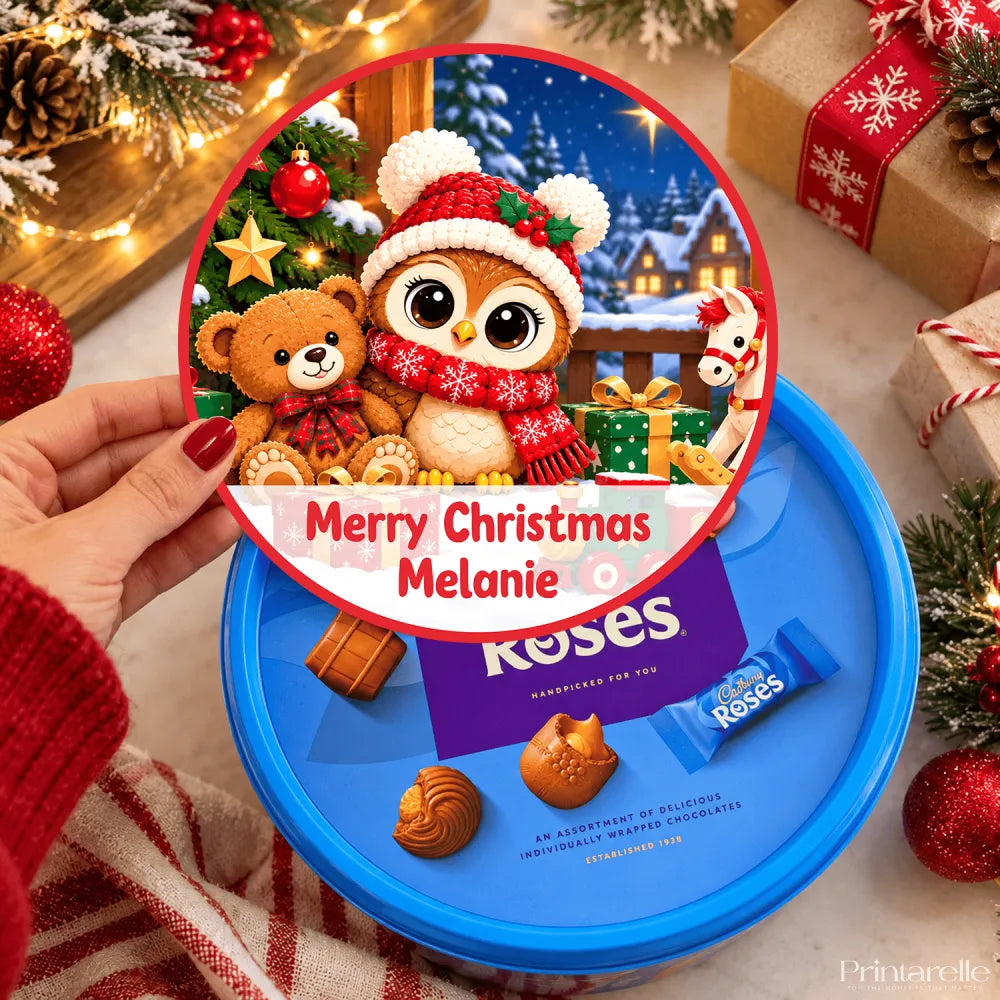 A festive blue circular teddy tub sticker with woolly owl and soft toys in red and white winter clothes