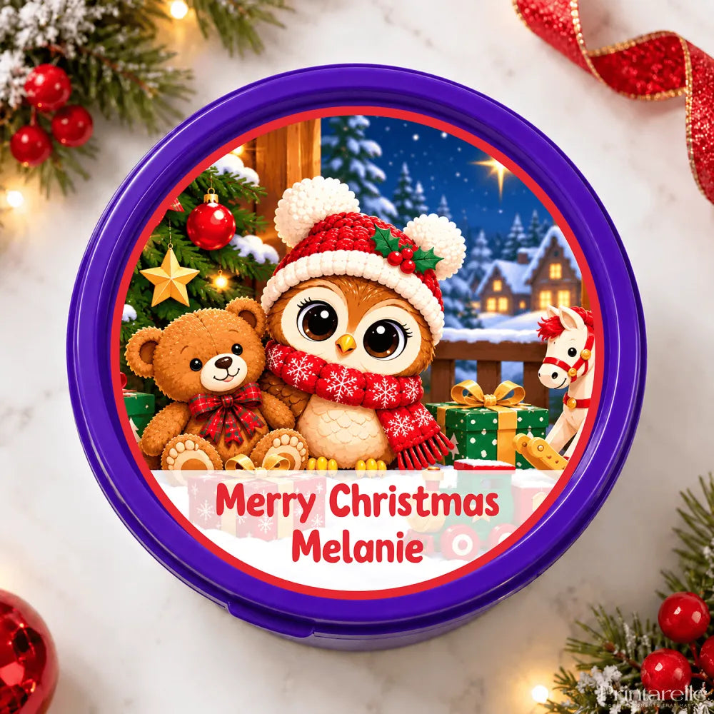 Purple circular teddy tub sticker with festive scene featuring woolly owl in red hat and soft toys gift label