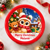 Red circular cookie jar with festive christmas owl teddy bear and horse in holiday attire teddy tub sticker design