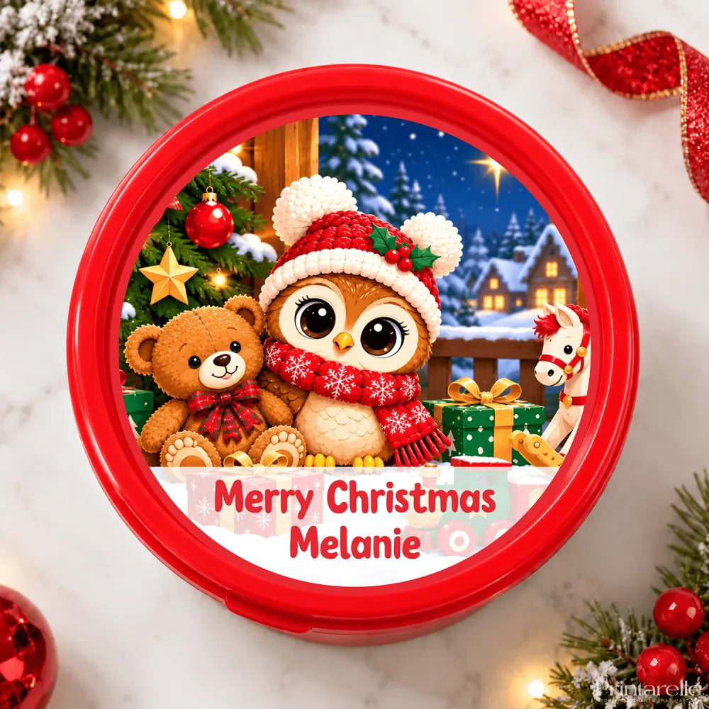 Red circular cookie jar with festive christmas owl teddy bear and horse in holiday attire teddy tub sticker design