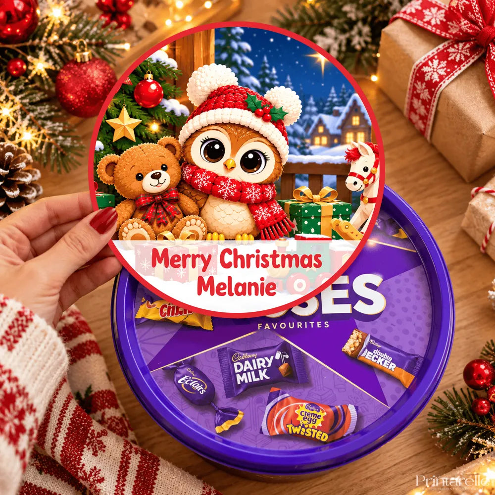 Purple circular chocolate tin with festive woolly owl and teddy tub sticker featuring merry christmas melanie label
