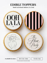 Edible hen party cupcake toppers with pink black stripes elegant ooh la la cursive designs on golden cupcakes