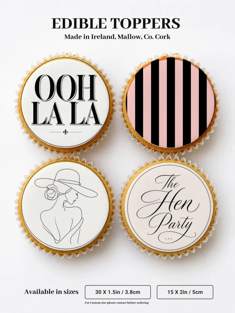 Edible hen party cupcake toppers with pink black stripes elegant ooh la la cursive designs on golden cupcakes