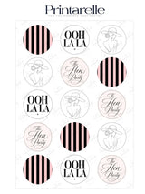 Printarelle parisian ooh la la hen party cupcake toppers with black pink stripes elegant text and women hat line art