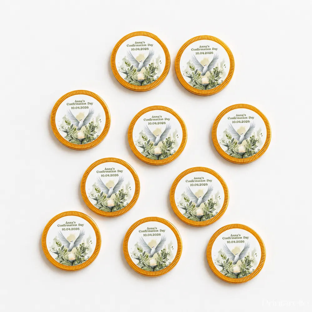 Golden-rimmed confirmation chocolate coins with a white watercolour dove and greenery featuring personal text