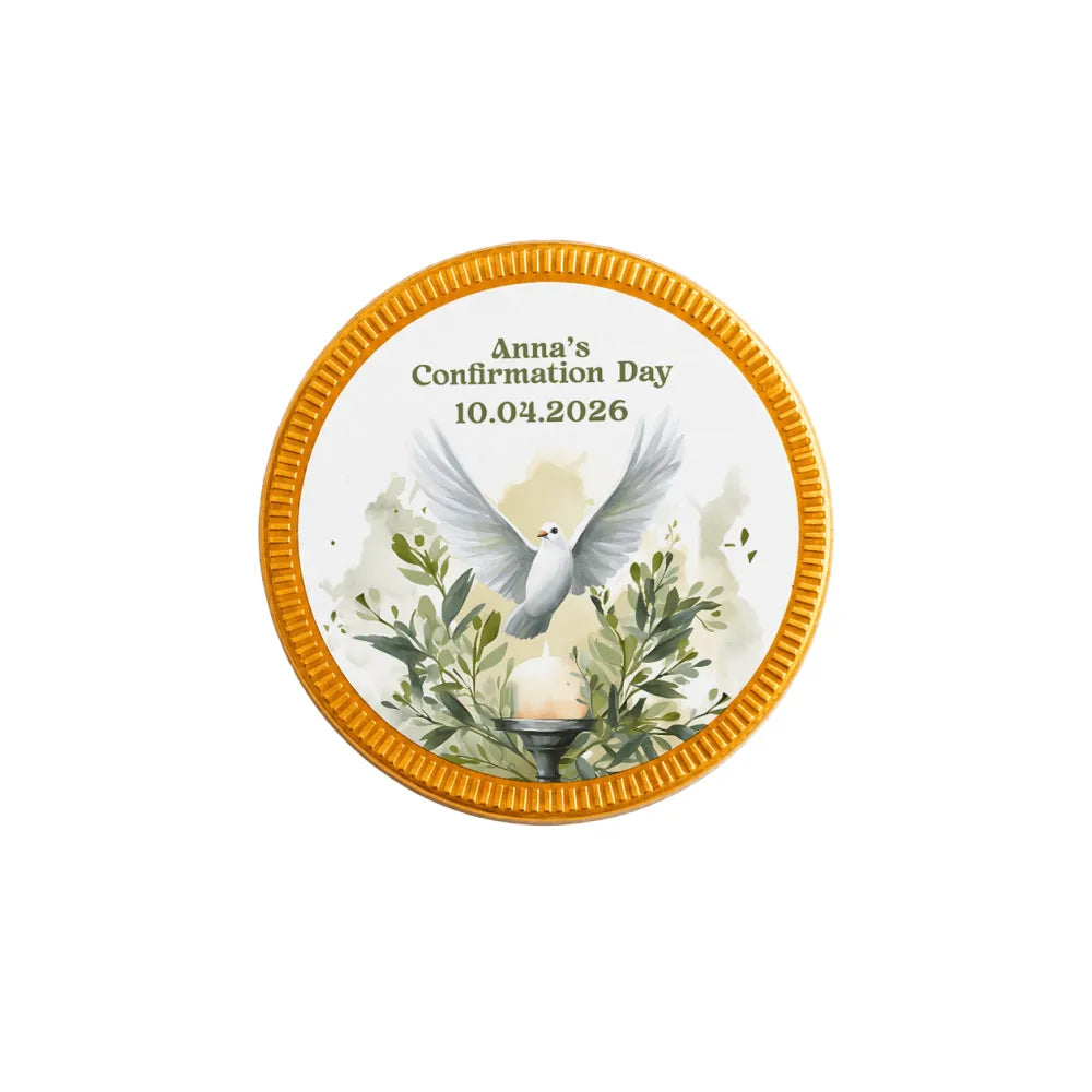 A circular gold-edged confirmation chocolate coin featuring a white watercolour dove above foliage and a candle for anna’s day