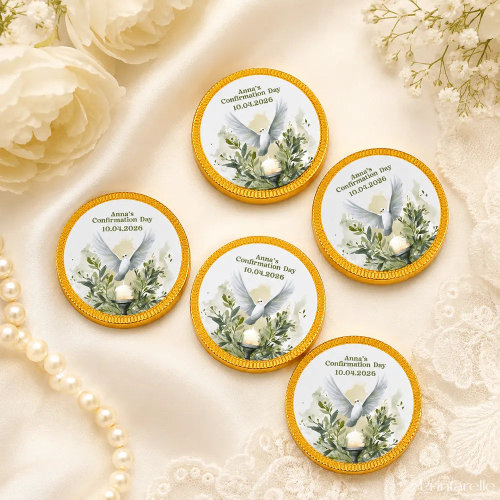 Gold-edged confirmation chocolate coins with a white watercolour dove and personalised text for annas confirmation day