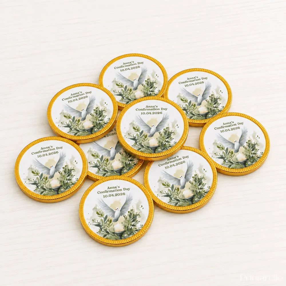 Gold-edged confirmation chocolate coins featuring a watercolour dove and greenery with personalized text for annas day