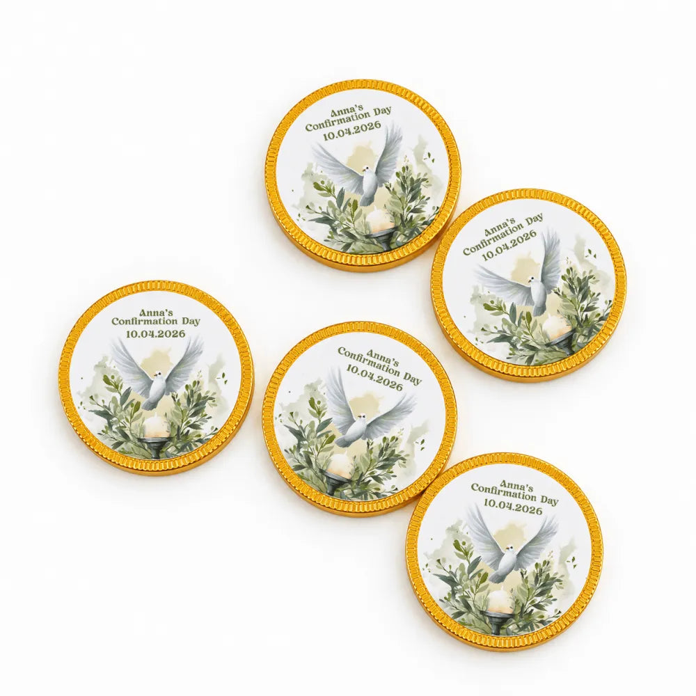 Gold-edged confirmation chocolate coins with a white watercolour dove and personalized text anna’s confirmation day 10.04.2026