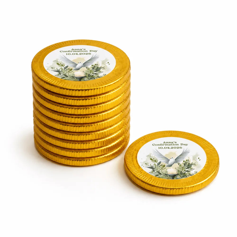Golden chocolate coins with a watercolour dove and greenery label personalized for annas confirmation day 10.04.2026