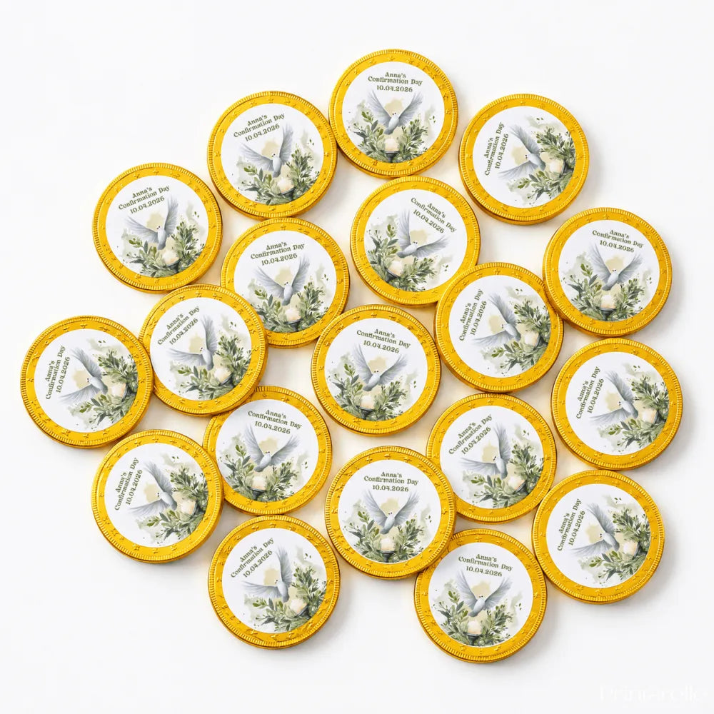 Yellow-edged confirmation chocolate coins featuring a watercolour dove greenery and personalised text for anna’s day