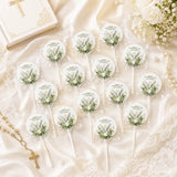 White lollipop favour with watercolour dove and greenery design wrapped in clear plastic gluten free confirmation gift