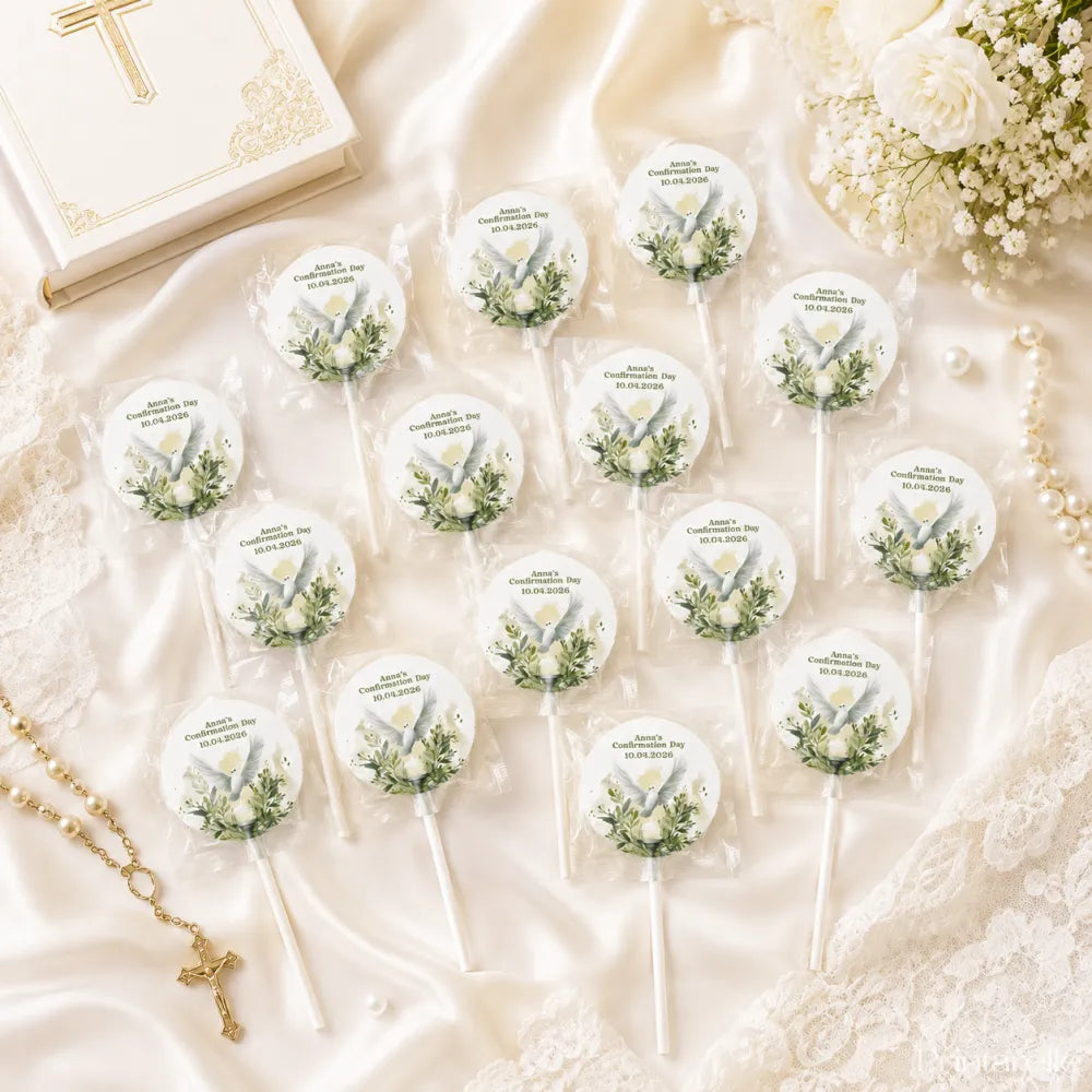 White lollipop favour with watercolour dove and greenery design wrapped in clear plastic gluten free confirmation gift