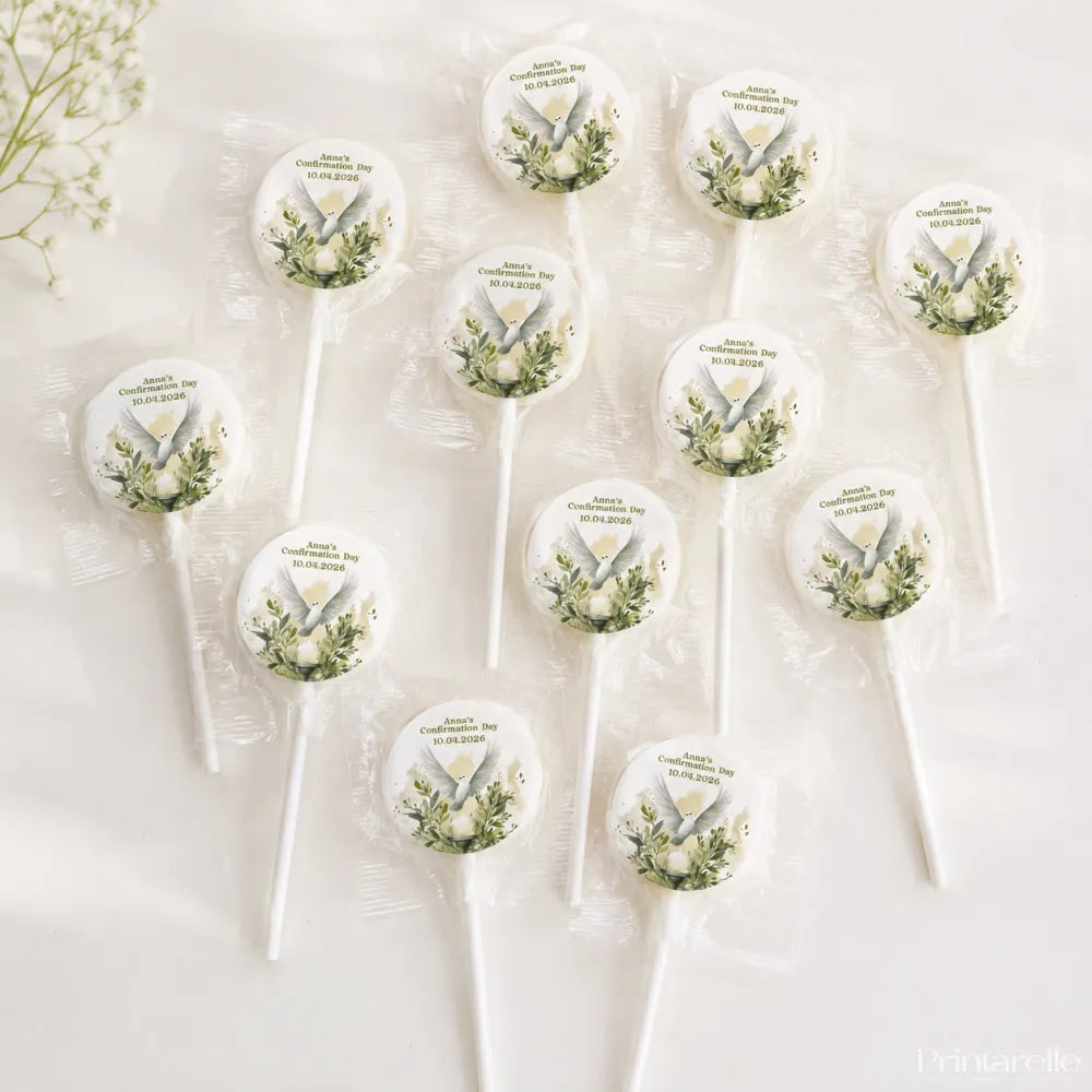 White lollipop with watercolour dove design and greenery wrapped in cellophane perfect for lollipop favours or assorted fruit events