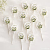 White lollipop with watercolour dove design and greenery wrapped in cellophane perfect for lollipop favours or assorted fruit events