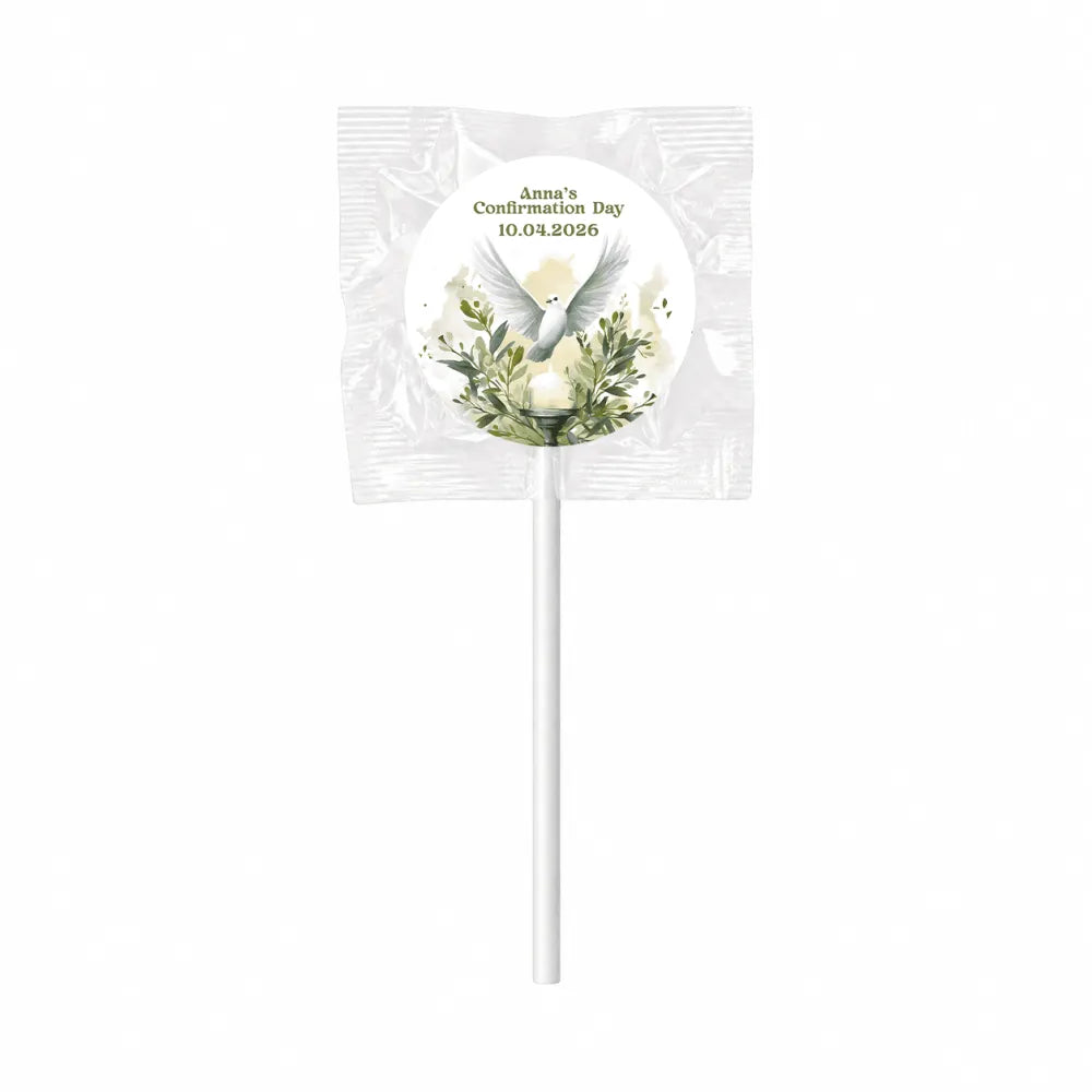 A white lollipop favour wrapped in clear foil with a watercolour dove label for anna’s confirmation day 2026