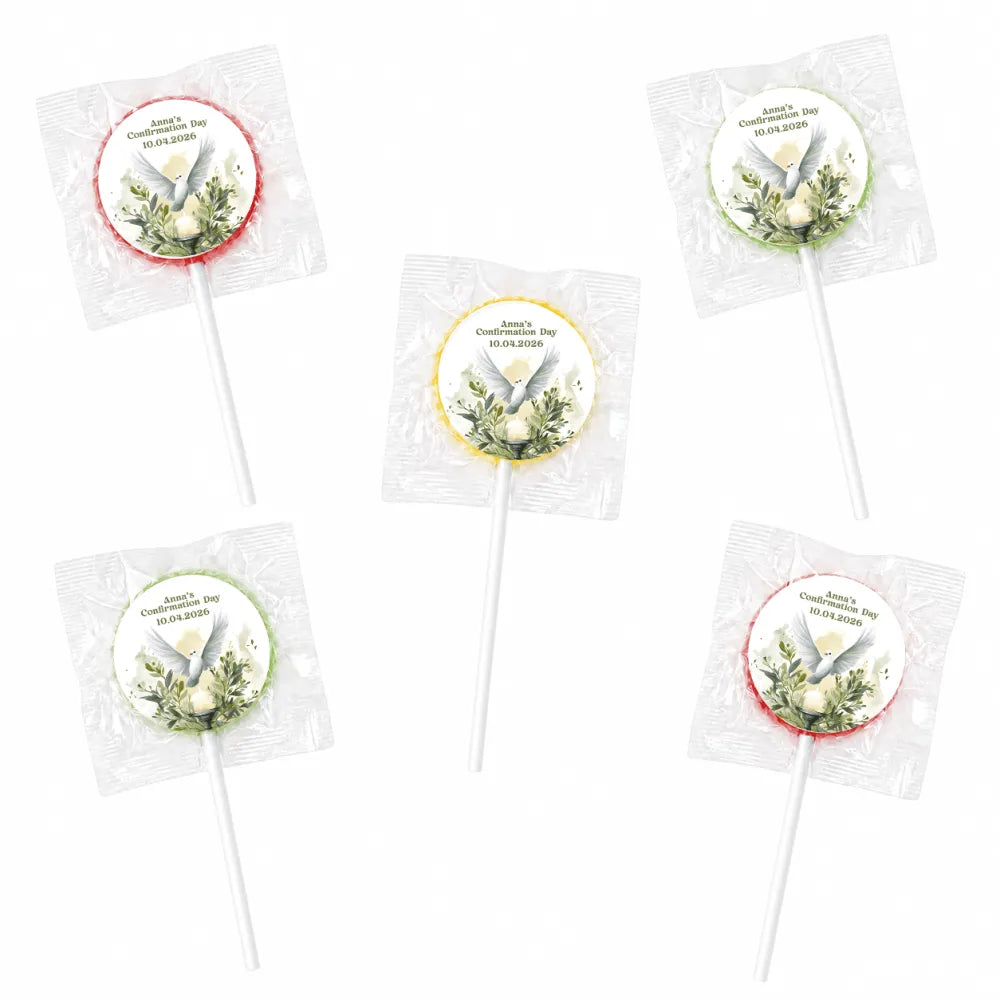 Personalized lollipop with a white watercolour dove and greenery sticker perfect for peaceful dove confirmation lollipop favours