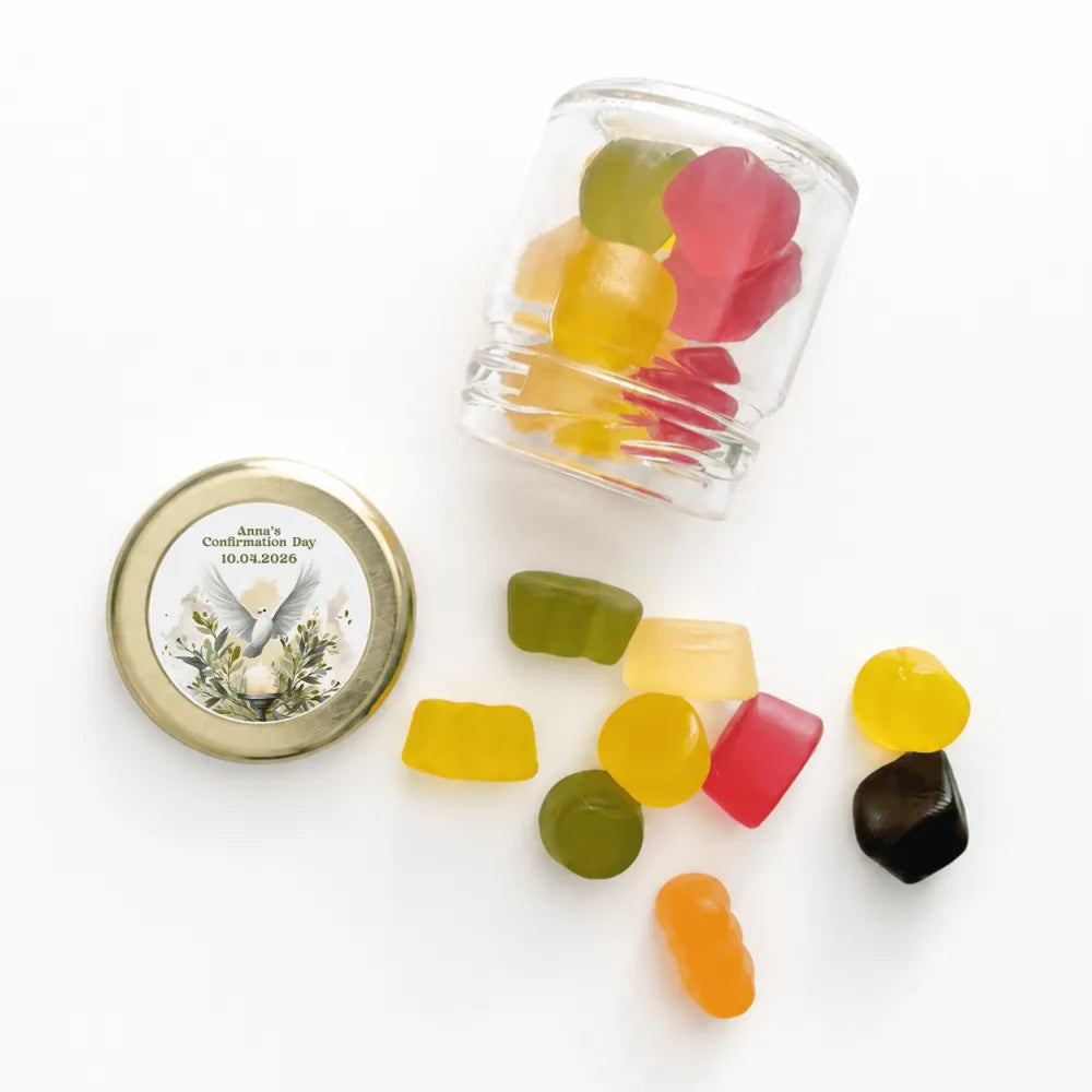 Clear glass mini jar with pale gold twist lid engraved for annas confirmation day filled with colorful gummy candies