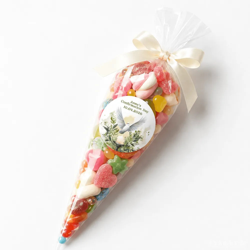 A clear cellophane sweet cone filled with colorful gummies tied with a cream satin ribbon and a watercolour dove label