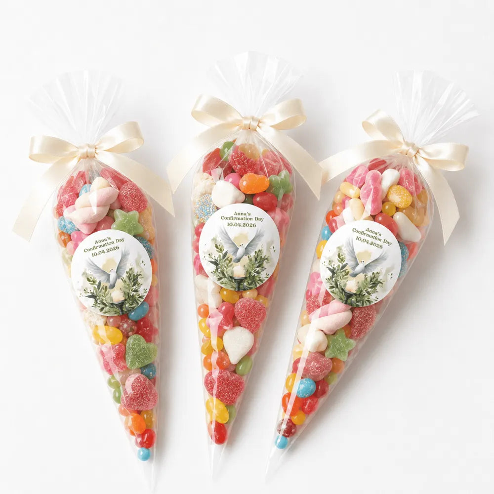 Three clear plastic sweet cones tied with cream satin ribbons and watercolour dove labels for peaceful dove confirmation