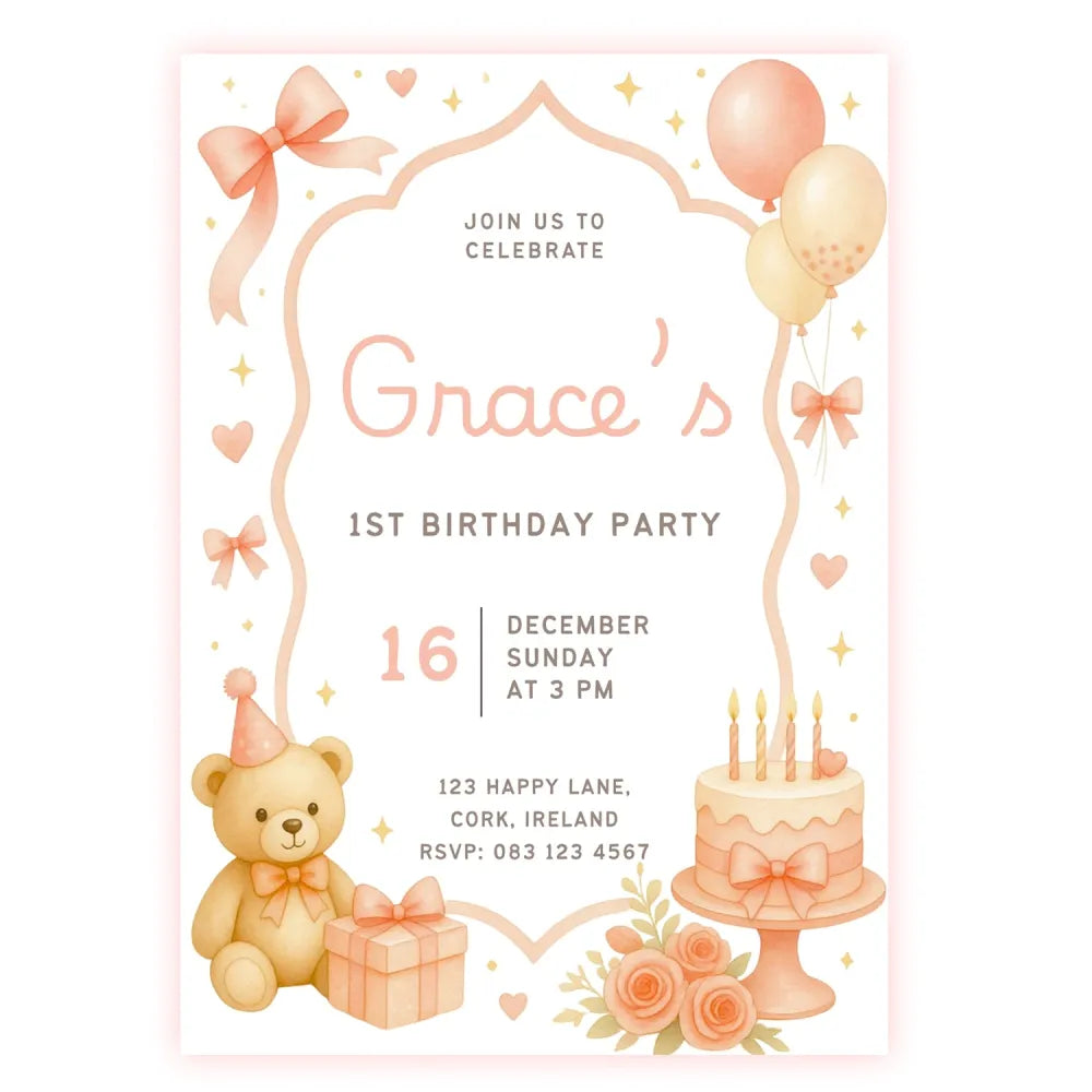 Peach Teddy Bear Roses 1st Birthday Party Invitation - 1st birthday, 1st birthday party, teddy bear, birthday party,