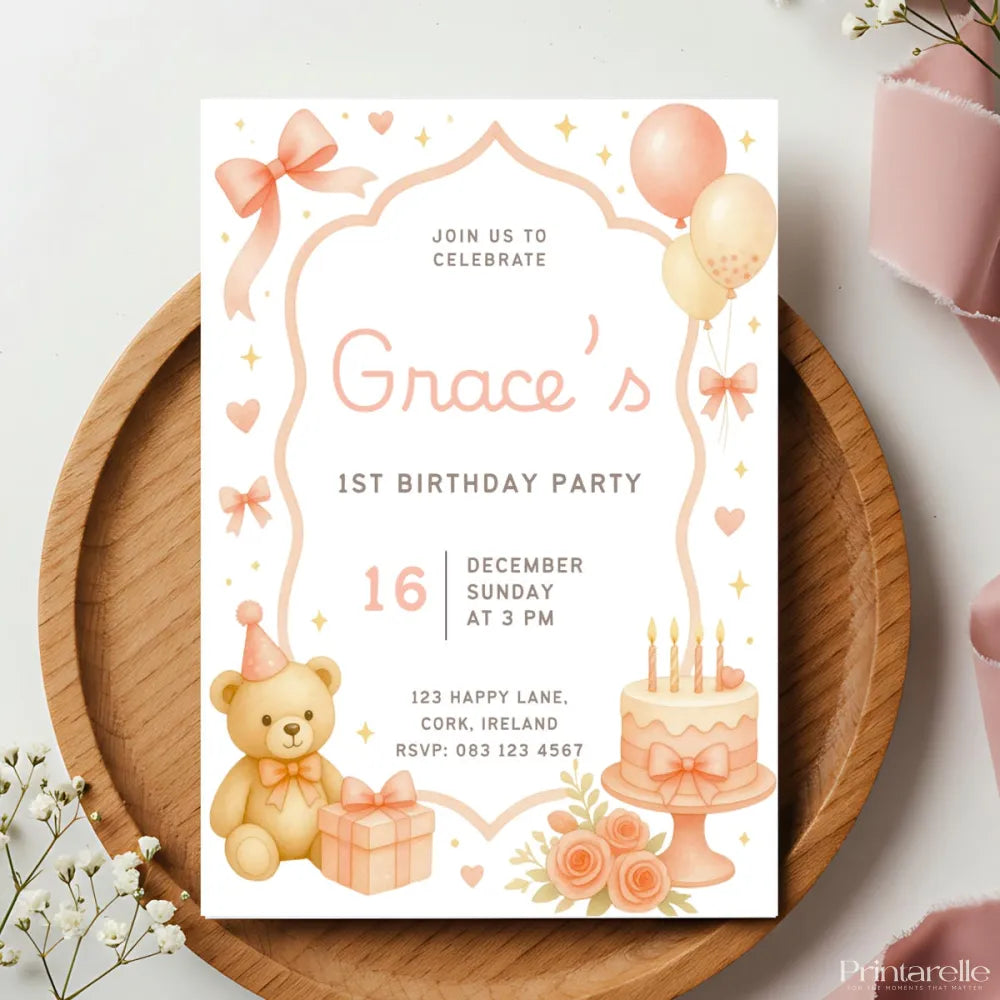 Peach Teddy Bear Roses 1st Birthday Party Invitation - 1st birthday, 1st birthday party, teddy bear, birthday party,
